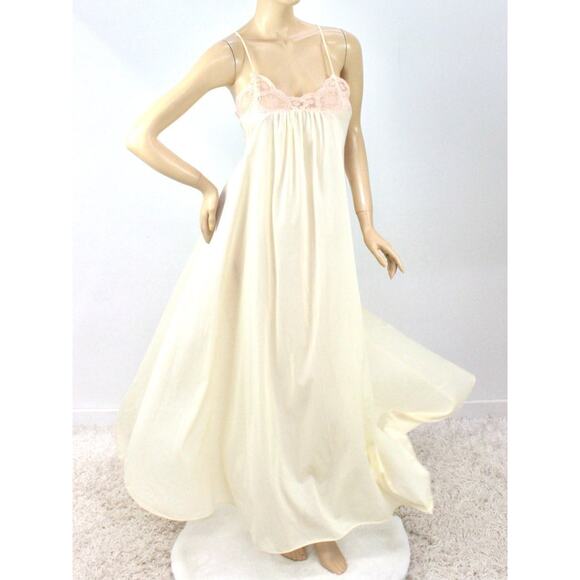 Vintage Annique Wide Sweep Nightgown M Yellow Nylon Pink Lace Criss Cross Straps - Picture 1 of 14